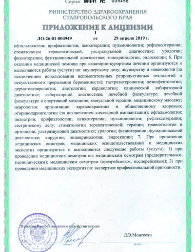Приложение к медицинской лицензии санатория «Виктория» в Кисловодске