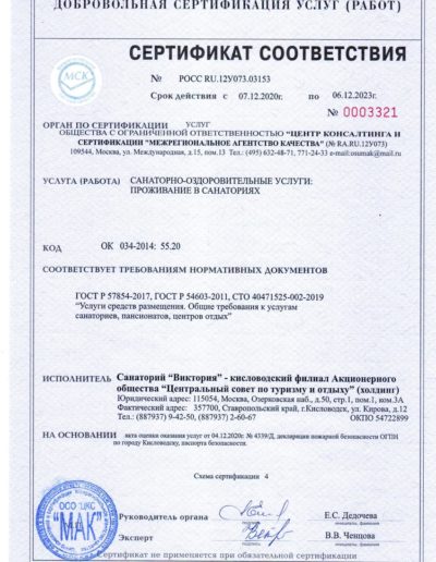 Сертификат соответствия услуг средств размещения санатория «Виктория» в Кисловодске